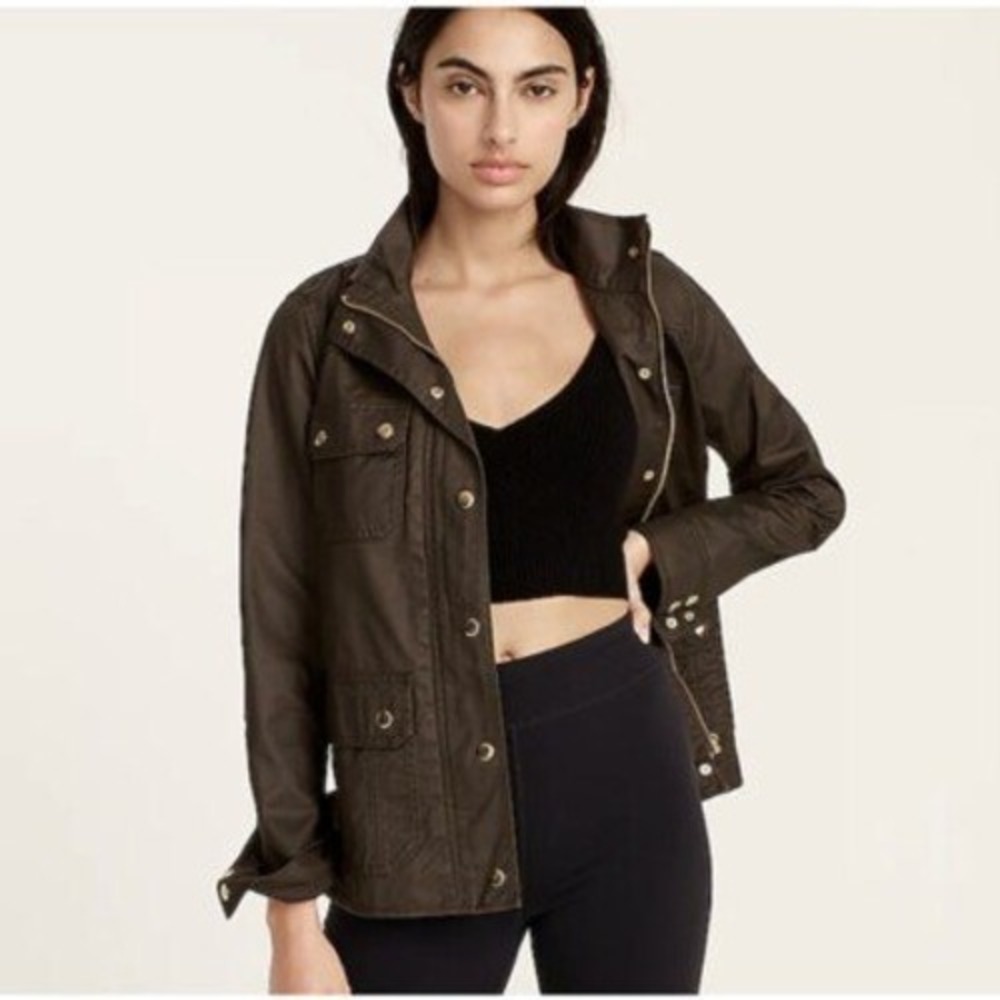 J.Crew Downtown Jacket Women XS Olive Green Waxed Cotton Utility 19034